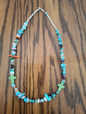 Necklace Turquoise Multi-natural Stone Cross Beaded 18" Sterling Silver
